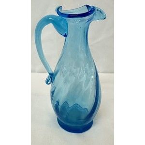Vintage Neon Blue Glass Small Pitcher Swirl Art Glass w/ Handle